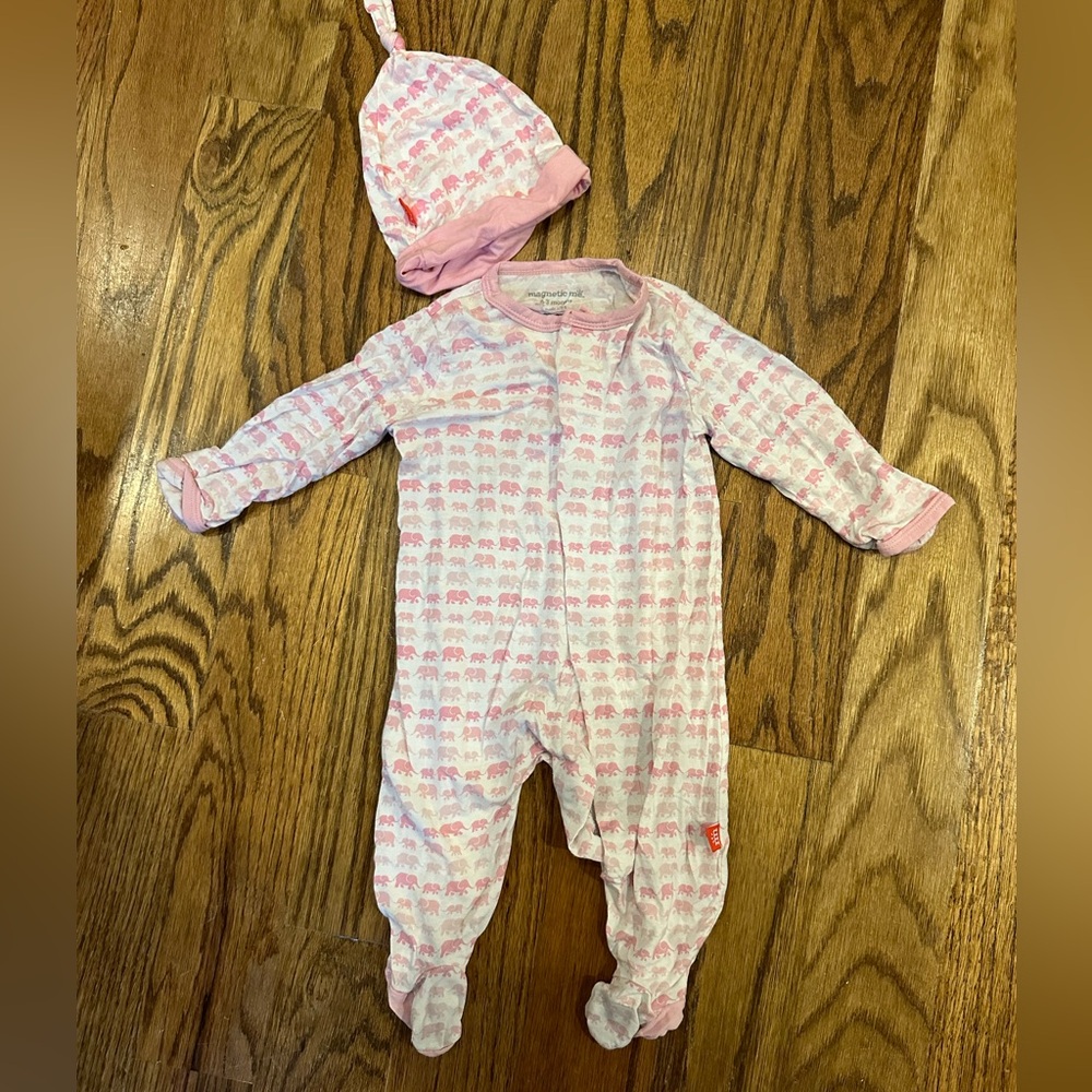 Magnetic Me pink elephant onesie with baby hat